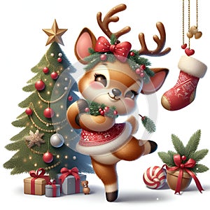 A cute reindeer in holiday costums, dancing in happy face, christmas tree, gifts, hanging sock, candies, cartoon, fantasy photo