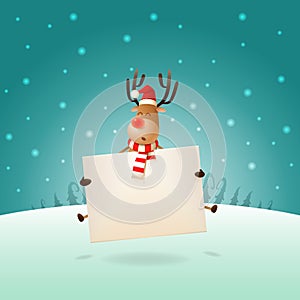 Cute Reindeer jumping with board on winter landscape - Christmas template poster
