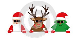 Cute reindeer santa claus and christmas tree cartoon with sunglasses for christmas