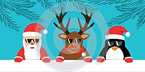 cute reindeer santa claus and penguin with sunglasses christmas cartoon