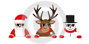 Cute reindeer santa claus and snowman cartoon with sunglasses for christmas