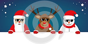 Cute reindeer santa claus and snowman cartoon with sunglasses for christmas