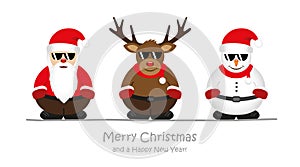 Cute reindeer santa claus and snowman cartoon with sunglasses for christmas