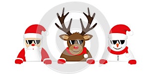 Cute reindeer santa claus and snowman cartoon with sunglasses for christmas