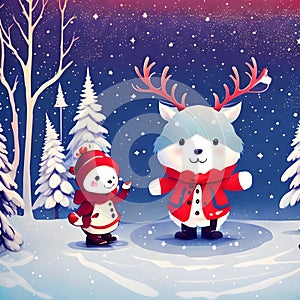 A cute reindeer with snowman in holiday costums, snow capped on christmas tree, cartoon style photo