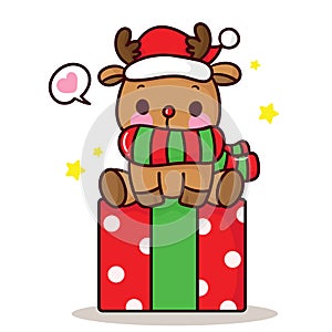 Cute reindeer vector with gift merry christmas winter kawaii cartoon x mas festival happy new year
