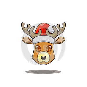 cute reindeer wearing christmas hat, cute animal head wearing santa hat, cartoon character in kawaii and glossy style