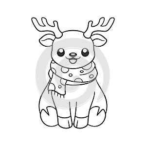 Cute reindeer wearing a polka dot scarf outline doodle cartoon illustration. Winter Christmas theme coloring book page activity