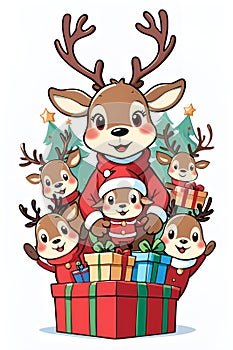 Cute reindeers in christmas vibe with the gifts amd christmas tree in the backdrop, white background, animal, cartoon, printable