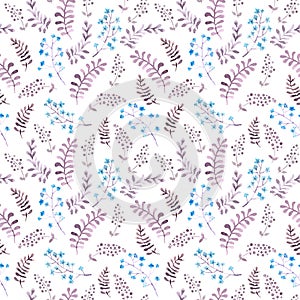 Cute repeat pattern with naive flowers and leaves. Watercolor