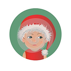 Cute resentful baby Santa Claus emoticon. Christmas upset child emoji. Santa hat offended kid avatar