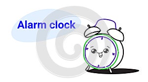 Cute retro alarm clock cartoon comic character with smiling face happy emoji kawaii hand drawn style wake up time