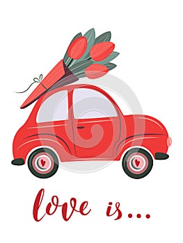 Cute retro car delivering gift and flower. Special delivery. Valentine`s day, birthday or wedding concept. Love, Romantic vector