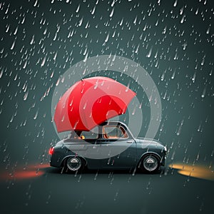 Cute retro car with red umbrella and heavy rain on teal background.