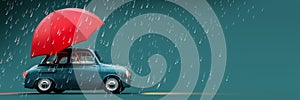 Cute retro car with red umbrella and heavy rain on teal background with copy space.