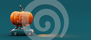 Cute retro car toy with huge pumpkin on the roof and text. Autumn is here concept background on teal background with copy space.