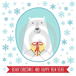 Cute retro card with funny cartoon character of polar bear