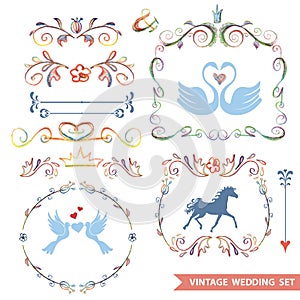 Cute retro floral set with wedding icons,doodle