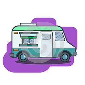 Cute retro food truck illustration in flat cartoon vector style.