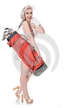 Cute retro girl carrying red golf bag over her shoulder, isolate