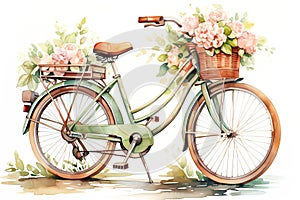 cute retro old pastel green bicycle with flowers. Watercolor image