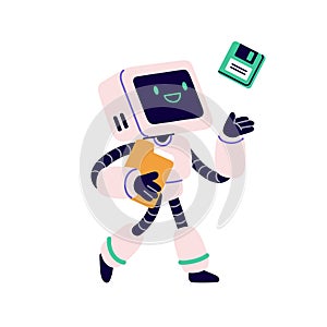 Cute retro robot, android character with floppy disk and computer folder. 90s robotic machine with diskette for