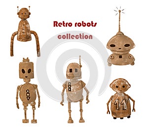 Cute retro robots collection. Hand-drawn illustrations