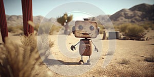 Cute retro rustic metal robot on a desert landscape. Toy innovative machine friend coming to say hello.