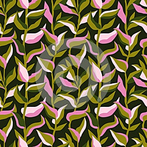 Cute retro set of leaf seamless patterns.  Simple design in pink and green colorways.  Vector repeating design for  fabric