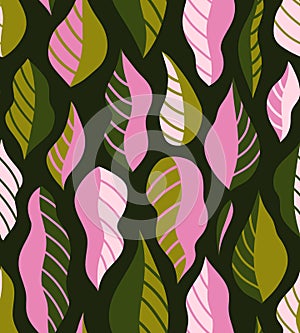 Cute retro set of leaf seamless patterns.  Simple design in pink and green colorways.  Vector repeating design for  fabric