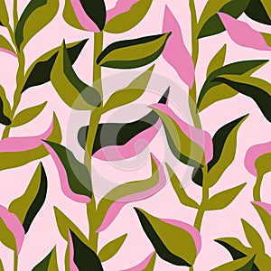 Cute retro set of leaf seamless patterns.  Simple design in pink and green colorways.  Vector repeating design for  fabric, wallpa