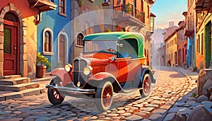 Cute retro sporty car pebble stone road adobe art decoration