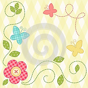 Cute retro spring card as patch fabric applique of flowers and butterflies