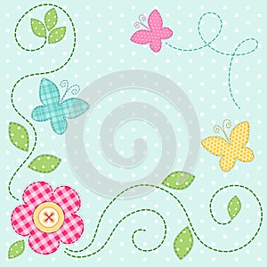 Cute retro spring card as patch fabric applique of flowers and butterflies