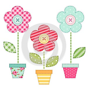 Cute retro spring and garden elements as fabric patch applique of flowers in pots