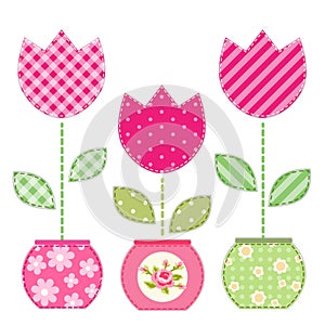 Cute retro spring and garden elements as fabric patch applique of flowers in pots