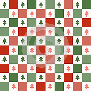 Cute retro vintage Christmas Checkerboard Y2K seamless pattern vector background. Abstract festive red and green repeat