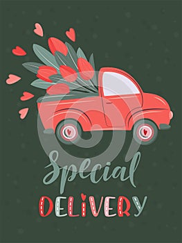 Cute retro waggon delivering flowers. Special delivery. Valentine`s day, birthday or wedding concept. Love, Romantic vector