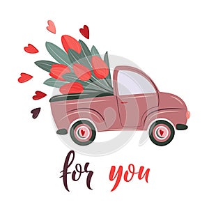Cute retro waggon delivering flowers. Special delivery. Valentine`s day, birthday or wedding concept. Love, Romantic vector
