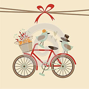 Cute retro wedding, birthday, baby shower card, invitation . Bicycle and birds. Autumn fall illustration background