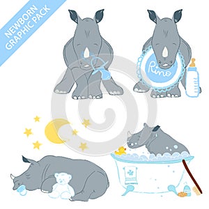 Cute rhino baby boy celebrating newborn isolated on white background - vector illustration set collection