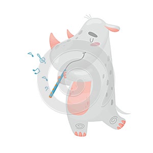 Cute rhino with flute. Vector illustration on white background.