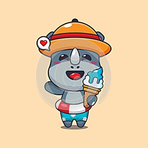 Cute rhino with ice cream on beach cartoon illustration.