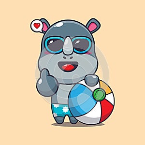 Cute rhino in sunglasses with beach ball cartoon illustration.