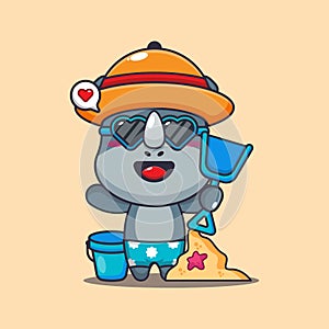 Cute rhino in sunglasses play sand beach cartoon illustration.