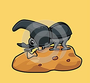 Cute rhinoceros beetle bug with a big horn eating a sweet potato. Animal Isolated Cartoon Flat Style Sticker Web Design Icon