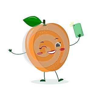 Cute ripe apricot cartoon character with a smartphone and does selfie. Logo, template, design. Vector illustration, a