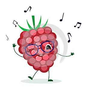 Cute ripe Raspberry  berry cartoon character in glasses dances to music. Logo, template, design. Vector illustration, a flat style