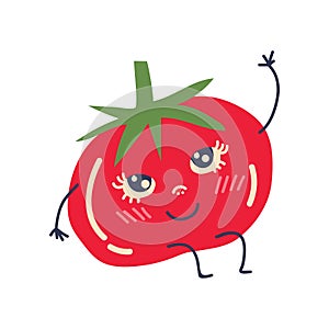 Cute Ripe Tomato with Smiling Face, Adorable Funny Vegetable Cartoon Character Vector Illustration