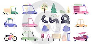 Cute road and transport collection. Cartoon vehicle transport icons bus car truck with traffic signs trees bushes photo